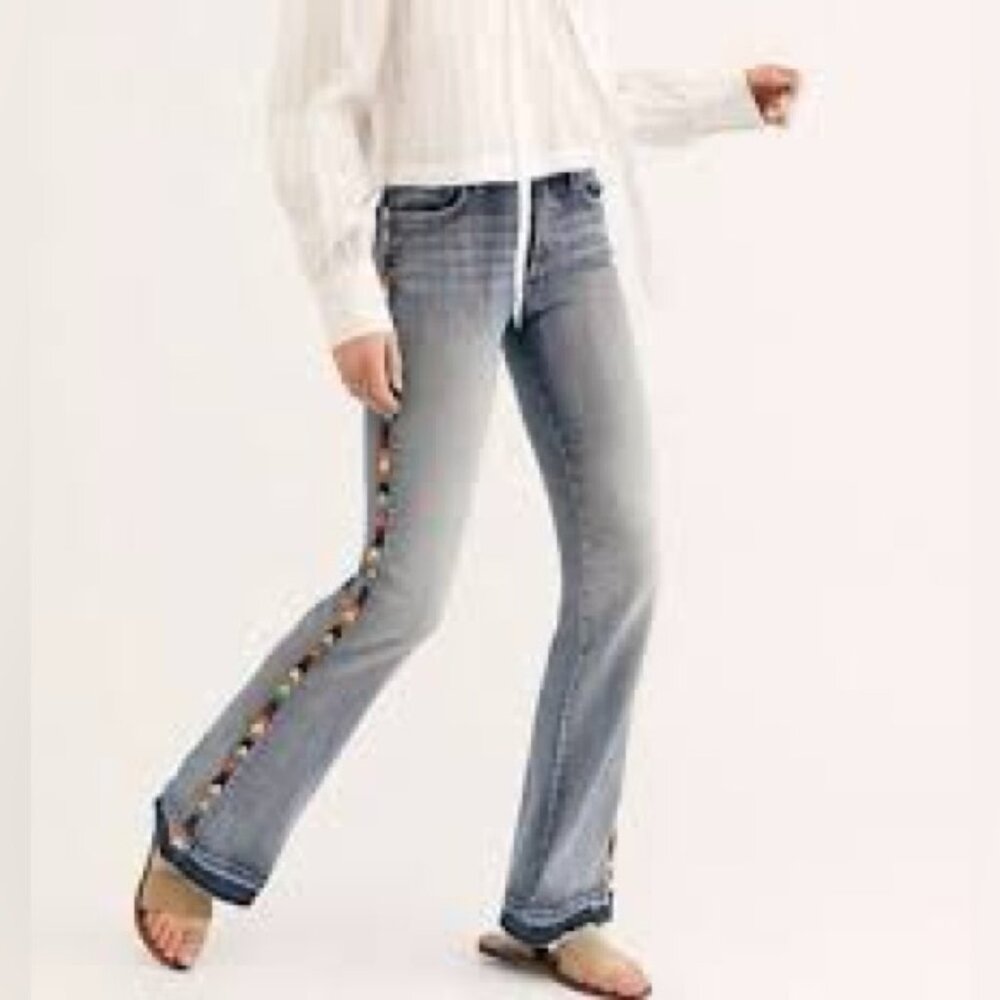 DRIFTWOOD Gray Straight Leg Jeans with Embroidered Detail